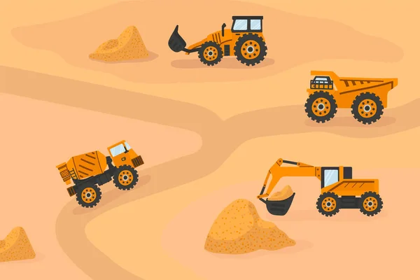 Большие грузовики грузят песок на дорогу. Векторные мультяшные грузовики, машины доставки песка. Песчаный плакат с большими машинами. — стоковый вектор