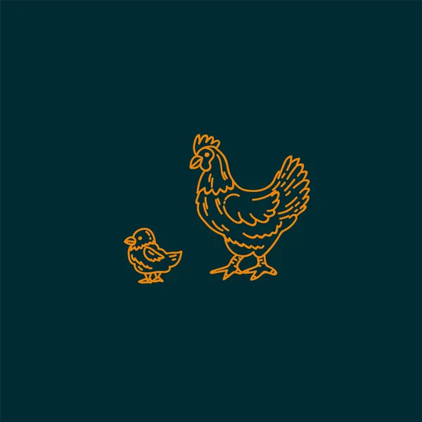 Ilustración de aves. Gallina y pollo dibujados a mano para el corral. Mascotas naturales para el diseño de banners. — Vector de stock