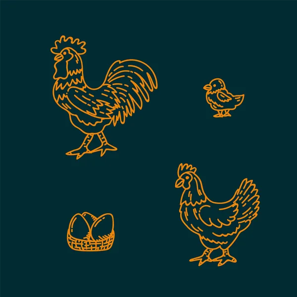 Granja en el corral. Gallina, pollo, gallo, huevos pintados con garabatos. Línea de aves de corral para diseño de pancartas. — Vector de stock