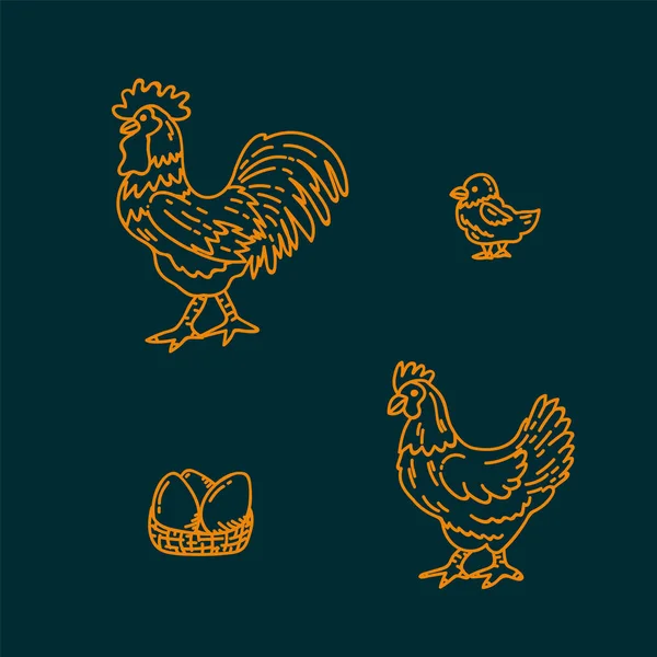 Farm set barnyard. Hen, chicken, cock, eggs painted doodle. Poultry line for banner design. — Stock Vector