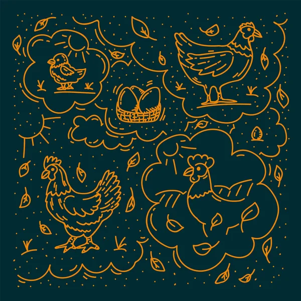 Le motif est agricole avec un poulet et un coq. Le fond est une ligne avec un oiseau, des œufs dans une basse-cour. Le poulet fait maison est un substrat doodle pour la ferme. — Image vectorielle