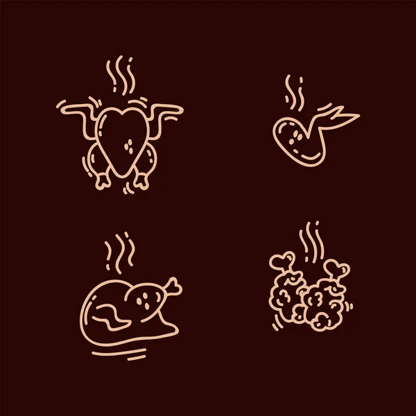 Ένα σετ από εικονίδια κοτόπουλου. Βιολογικά εικονογράμματα τηγανισμένων τροφών πουλερικών. Εικόνες για το μενού με ψητά, στήθη και πόδια κοτόπουλου. — Διανυσματικό Αρχείο