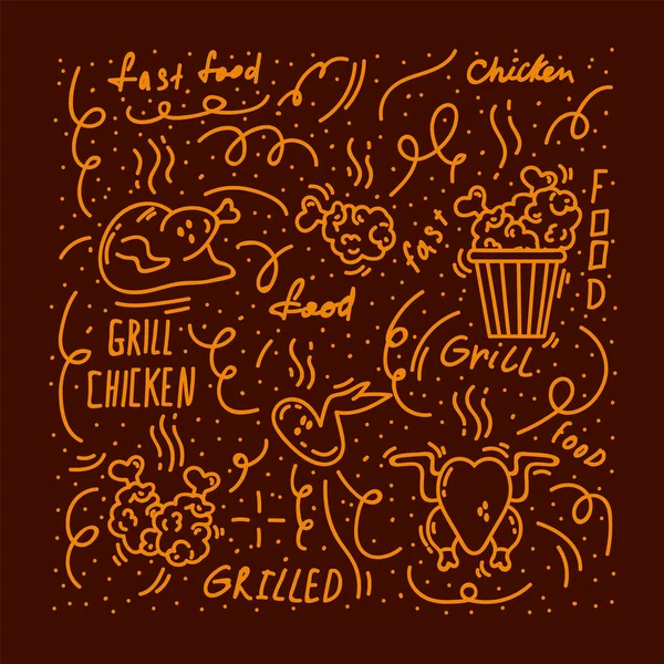Modèle de nourriture de poulet. Poulet frit, grillé, ailes, poitrine, pattes peintes doodle. Ligne de viande de volaille biologique maison pour le fond. — Image vectorielle