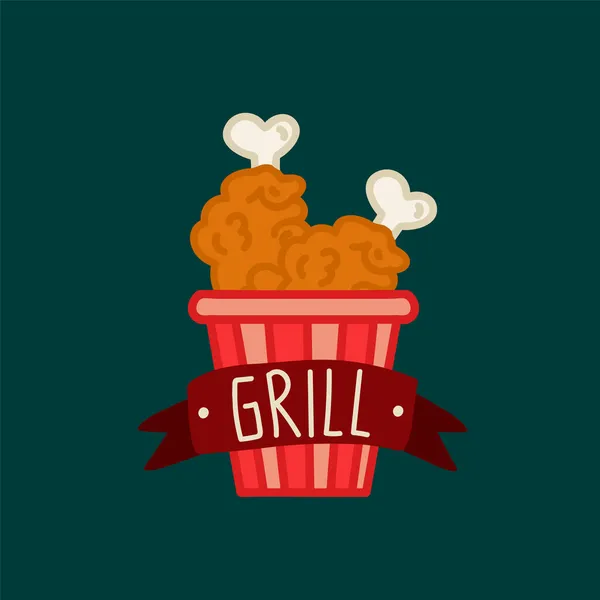Το έμβλημα του ψημένου κοτόπουλου. Πόδια και φτερά για γρήγορο φαγητό. Doodle λογότυπο με την επιγραφή Grill. Fast food εστιατόριο κοτόπουλο σχεδιασμό λογότυπο τροφίμων. — Διανυσματικό Αρχείο