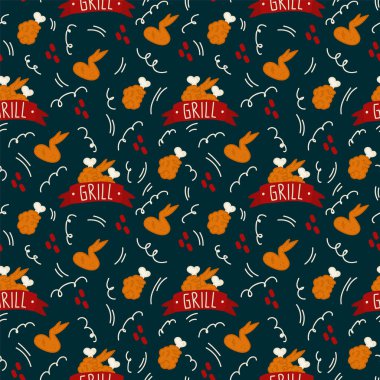 Tavuk yemeği kalıbı. Arka planda kızarmış bacaklar ve karalama kanatları var. Logolu tekstil ürünleri. Organik kümes hayvanları restoranı için..