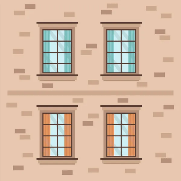 Ilustracja z oprawionymi oknami. Ściany zewnętrzne z oknami i zasłonami. Architektura kreskówek do projektowania banerów lub plakatów. — Wektor stockowy