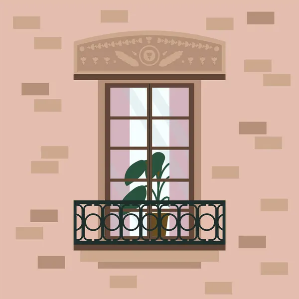 Illustration von bunten Holzfensterrahmen. Cartoon-Architektur entwerfen Außenwände des Hauses. Ein Fenster auf der Außenseite mit Vorhängen und einem Balkon zur Gestaltung von Bannern. — Stockvektor