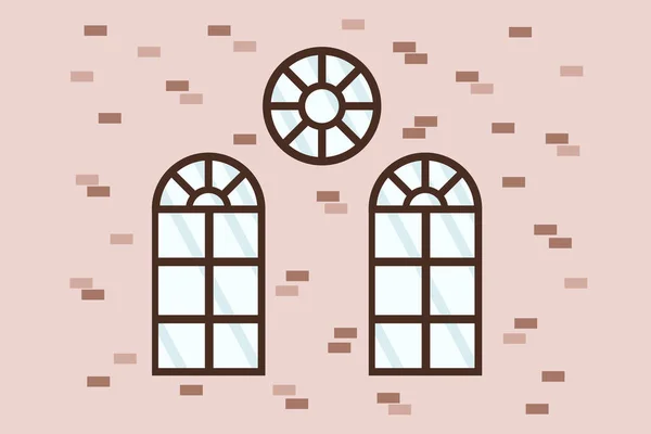 Kreskówkowa ściana domu z oknami. Ilustracja ściany zewnętrznej z okrągłą i półkolistą drewnianą ramą okienną. Okna o różnych kształtach do projektowania banerów. — Wektor stockowy