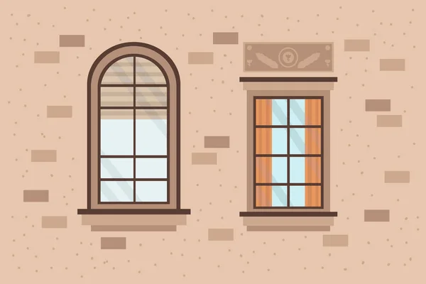 Die Außenwände des Mehrfamilienhauses mit Fenstern. Cartoon-Architektur mit Leben in den Menschen. Bunte Holzfensterrahmen für die Plakatgestaltung. — Stockvektor
