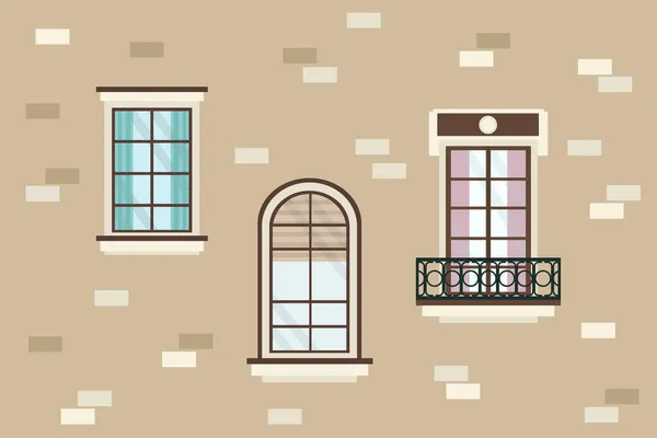 Eine Reihe von detaillierten verschiedenen bunten Fenstern mit Rahmen und Vorhängen. Die Architektur des Hauses mit Fensterbänken, Balkonen. Illustration der Stadt für die Gestaltung von Bannern. — Stockvektor