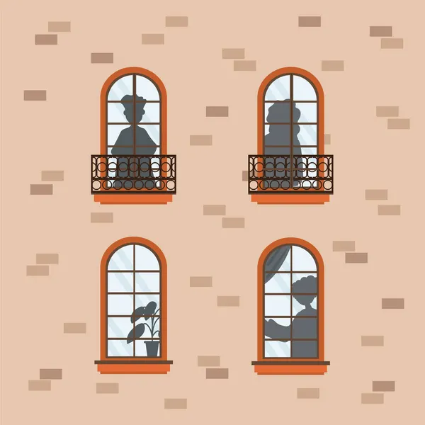 Zewnętrzna ściana domu z ramami okiennymi. Miejski ściana dom z różny sylwetka człowiek dla sztandar projekt. Kreskówka mężczyźni i kobiety zerkają z mieszkań. — Wektor stockowy