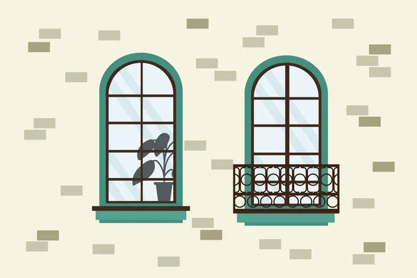 Ściana miejska domu z oprawionymi oknami i szkłem. Ilustracja zewnętrznych ścian z oknami i kwiatem. Architektura kreskówek do projektowania. — Wektor stockowy