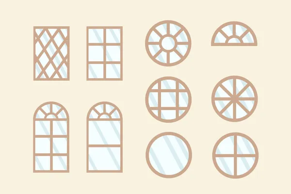 Eine Reihe von Illustrationen von Holzfensterrahmen. Fenster in verschiedenen Formen, rund, gewölbt, mit Glas. Cartoon-Design Außenwände des Hauses für das Plakat. — Stockvektor