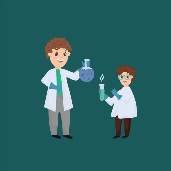 Обучение детей в лаборатории. Мальчик проводит эксперимент с учителем. В школе преподают химию. Наука для детей. — стоковый вектор
