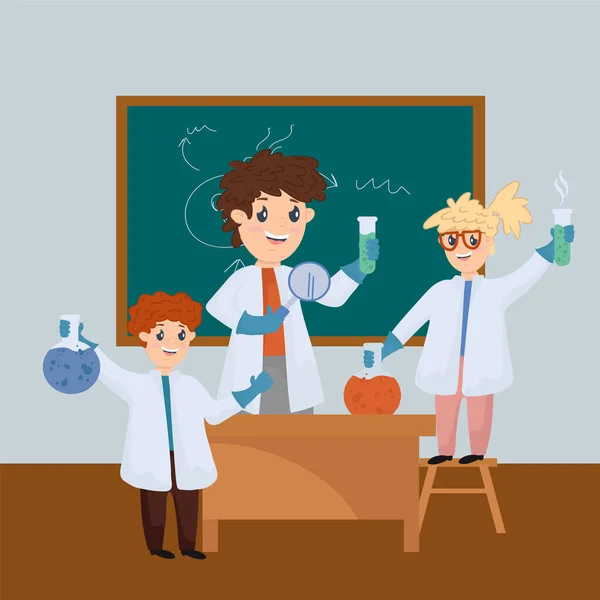 Teaching children at school. Laboratory with children in Chemistry class. The teacher helps with homework. Science for children. Beautiful classroom with students. — Stock Vector