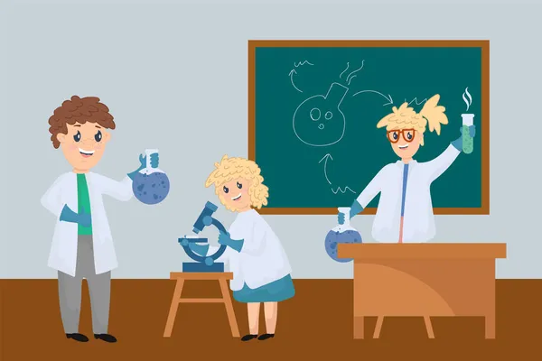 Les enfants étudient la chimie en laboratoire. Enseigner aux enfants. Une leçon d'école avec un professeur de chimie. Science pour les enfants. — Image vectorielle