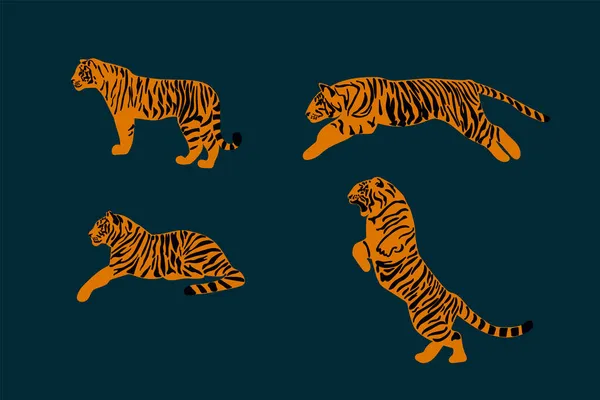 Sertie de tigres sauvages. Illustration du symbole de 2022 dans différentes poses pour le design. Bonne année. Animaux, rayés, rouge sur fond sombre. — Image vectorielle
