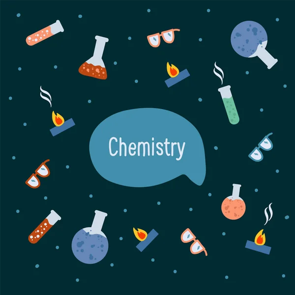 Kartu pos mengajar Kimia di laboratorium. Poster kartun untuk anak-anak di sekolah. Ilustrasi anak-anak untuk pelajaran percobaan ilmiah. - Stok Vektor