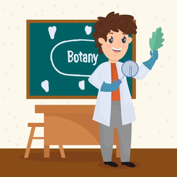 Poster seorang guru dalam Botani. Mengajar Biologi untuk anak-anak di sekolah. Ilustrasi percobaan sekolah dengan seorang guru. - Stok Vektor