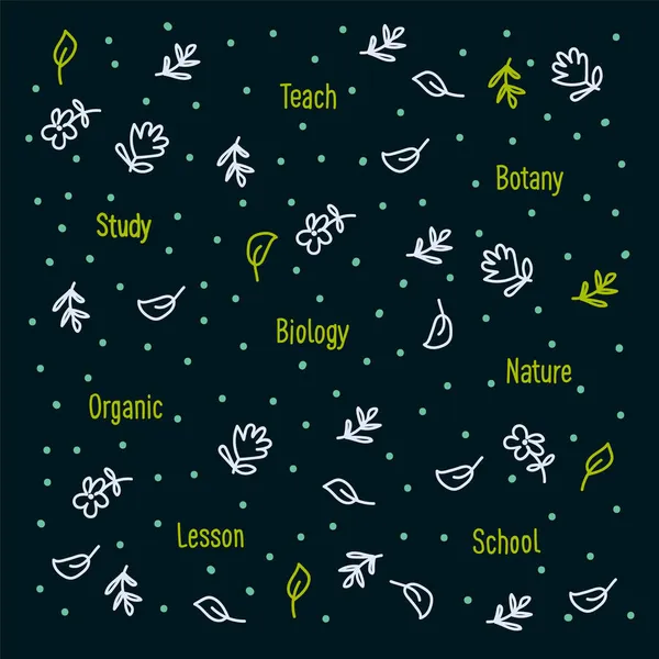 Fondo botánico para la escuela. Enseñando Botánica y Biología a los niños. Cartel de lecciones de la escuela y letras círculo garabato. — Vector de stock