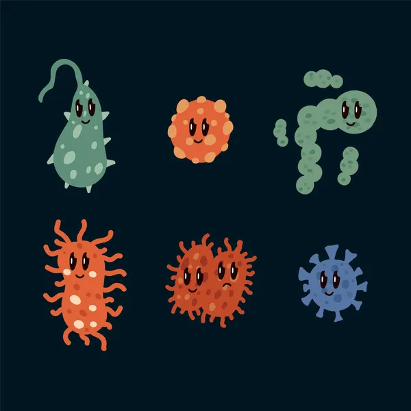 Iconos de dibujos animados para la medicina Crown Stop. Un conjunto de virus y bacterias para niños carteles médicos. Iconos de microbios bajo el microscopio. — Vector de stock