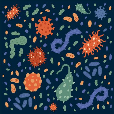 Çeşitli mikroorganizmalarla arka plan. Bulaşıcı mikroplar, virüsler, mikroorganizmalar. Koyu arkaplanda renkli parlak tekstil desteği.