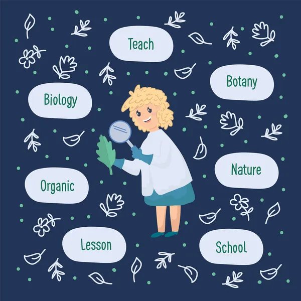 Una cartolina di una ragazza che studia foglie a scuola. Insegnare Botanica e Biologia ai bambini. Poster Scuola lezione esperimenti scientifici nel cerchio scarabocchio. — Vettoriale Stock