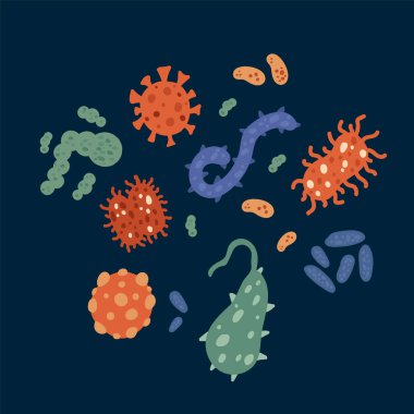 Bir dizi virüs ve bakteri. Crown Stop için çizgi film ikonları. Bir sürü patojenik bakteri, mikroorganizmalar, bakteriler, virüsler. Mikroskop altında mikropların simgeleri.