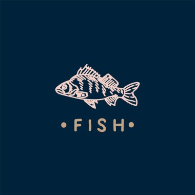 Fish 'in logosu. Deniz ürünlerinin güzel doğrusal çizimi. Restoran menüsü için balık.