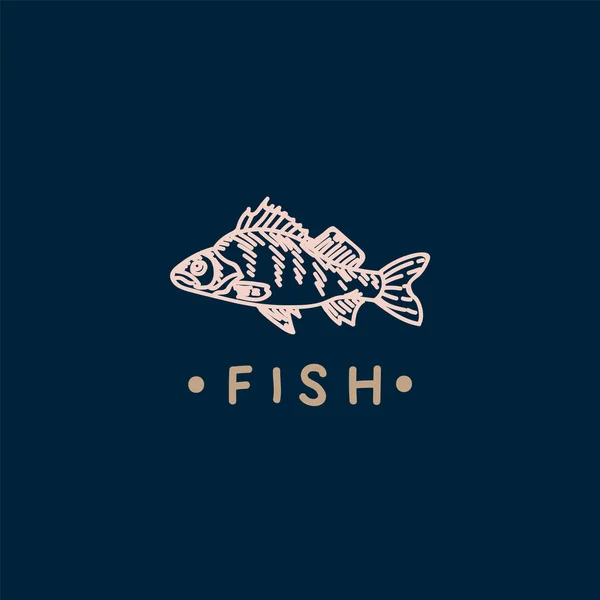 Logo con Pesce. Bella illustrazione lineare di frutti di mare. Pesce per il menù del ristorante. — Vettoriale Stock