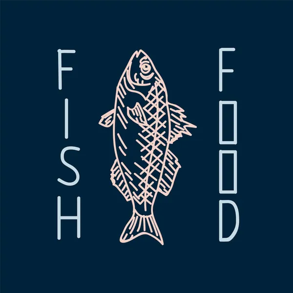 Illustration avec un poisson. Belle illustration linéaire avec le nom Fish food. Poisson pour le menu du restaurant. — Image vectorielle