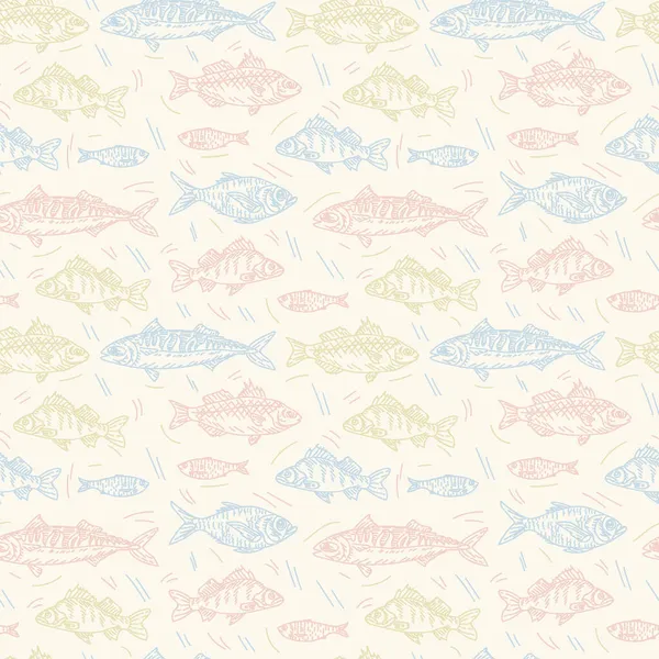 Le motif du poisson est coloré. Une variété de vie marine et fluviale. Modèle de fruits de mer pour textiles. — Image vectorielle