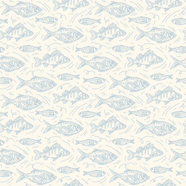 The pattern is made by river and sea fish. Seafood doodle for textiles. Cute set of linear fish in the form of a background. — Stock Vector