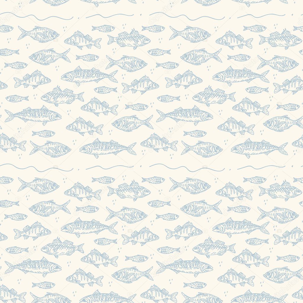 Beautiful Fish background on white background. A variety of marine and river animals for textiles. Fish pattern for seafood food poster.