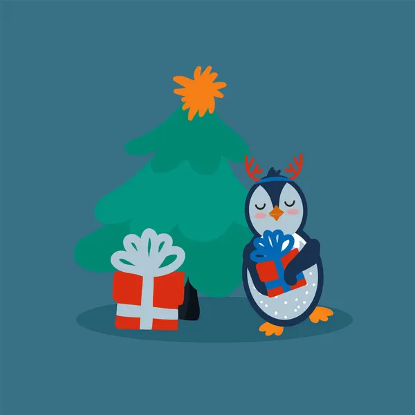 Plakat pingwina z choinką i prezentami. Uroczysta kartka sylwestrowa z ptakiem na nowy rok. Świąteczne zwierzę na kartkę dla dzieci. — Wektor stockowy