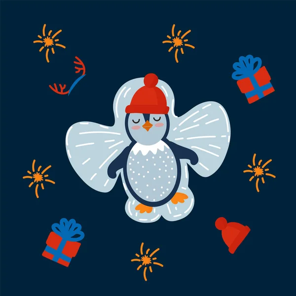 Um postal do Pinguim faz um anjo da neve. Ilustração festiva de Natal com um pássaro para o ano novo. Um animal para um cartão postal infantil. — Vetor de Stock