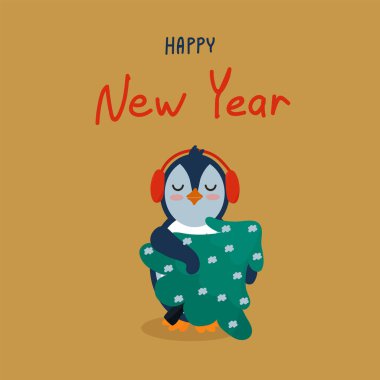 Sevimli Penguen Noel kartı. Yeni Yıl yazısıyla gösterişli bir illüstrasyon. Kışın altın üzerinde Noel ağacı olan bir hayvan. .