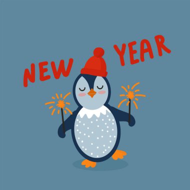 Yeni yıl kartında bir penguen. Havai fişekli bir hayvanın olduğu bir tatil kartı. Yeni Yıl yazılı karikatür çizimleri.