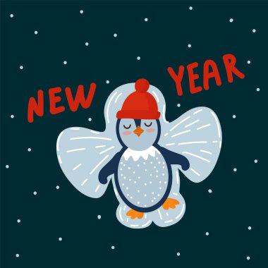 Penguenli şirin bir Noel kartı. Kardan yapılmış Noel meleği. Yeni Yıl yazısıyla şenlikli illüstrasyon.