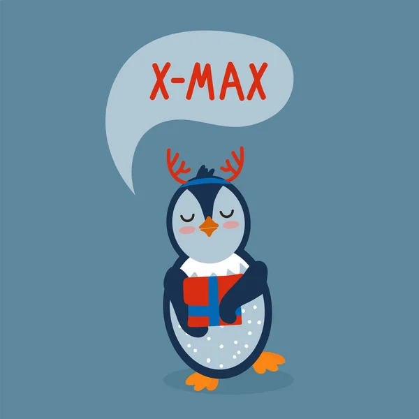 Pingwin na kartce świątecznej. Uroczysty plakat z ptakiem trzymającym prezent. Ilustracja kreskówki z napisem X-MAX. — Wektor stockowy