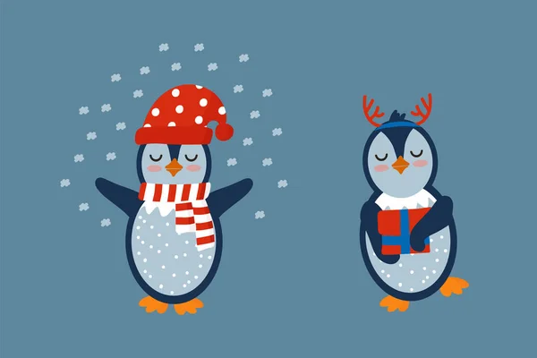 Pinguins festivos de desenho de Ano Novo. Conjunto de desenhos animados de personagens com pássaros de inverno. — Vetor de Stock