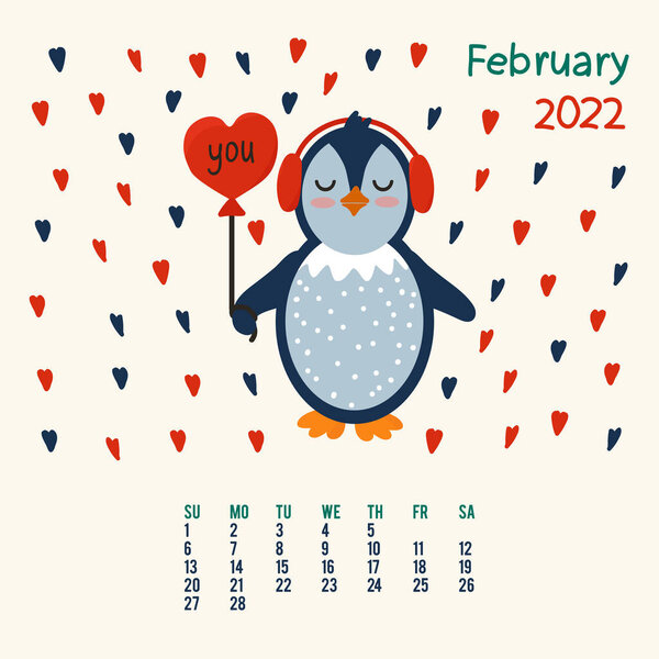 Calendar with a penguin. Cartoon animal for the month of February. Annual planner for 2022. A good organizer and schedule, days and weeks.