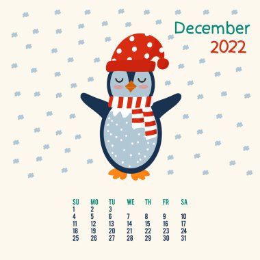 Aralık ayı için bir Penguen illüstrasyonuyla takvim. Kar karalaması çemberinde sevimli bir hayvanla planlamacı. 2022 için aylık takvim.