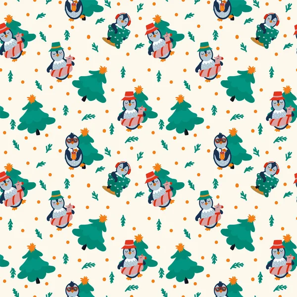 Modello festivo con simpatici pinguini. Natale scarabocchio sfondo Natale con gli animali. Design di sfondo per i nuovi anni tessili. — Vettoriale Stock