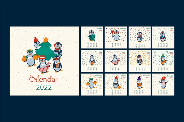Kalendář pro rok 2022 s obrázkem zvířete. Kreslený postava každého měsíce je tučňák v jiné roli. Roční plánovač na týden, měsíc, den. — Stockový vektor