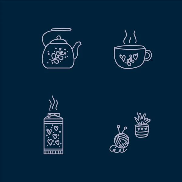 Eine Reihe von Symbolen im Stil von Hugge Home Comfort. Skandinavisch-dänischer Stil. Aromatherapie Ich bin mit Kerzen, Teekanne, Tasse, Buch. — Stockvektor