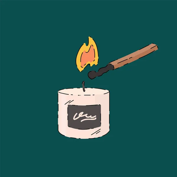 Ilustrace zapálení aromatické svíčky. Při přípravě na lázně, sirka s plamenem zapálí svíčku. Krásný plakát na lázně, relaxaci. — Stockový vektor