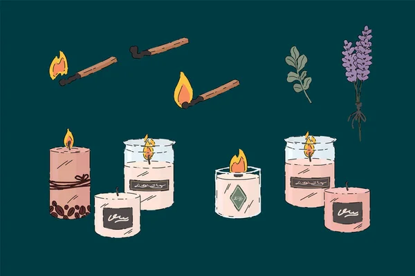 Ensemble de bougie Aroma. Un pot de bougies aromatiques, avec lavande, allumettes, feu, une brindille verte. Collection d'illustrations pour la conception d'affiches spa. — Image vectorielle