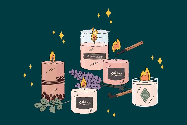 Krásná voňavá svíčka. Sada svíček pro relaxaci s krásnou špetkou levandule. Ilustrace hořících svíček v kruhu čmáranicových hvězd pro lázeňský dům. — Stockový vektor