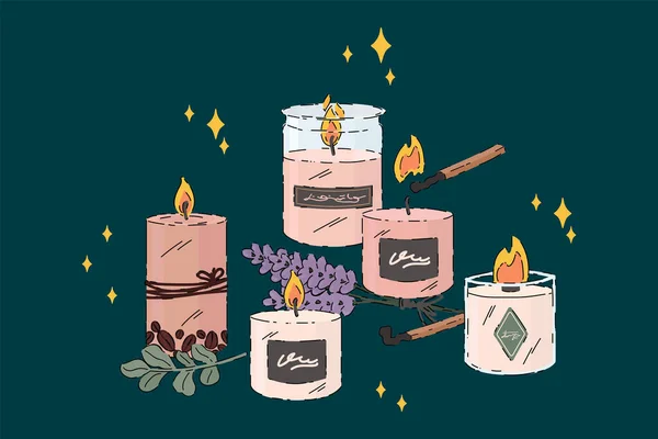 Güzel kokulu bir mum. Gevşemek için bir mum seti ve güzel bir lavanta filizi. Bir spa evi için karalama yıldızları çemberinde mum yakmanın tasviri.